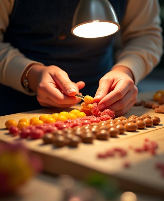 사탕을 정성스럽게 만들고 있는 장인 (An artisan carefully crafting candies)
