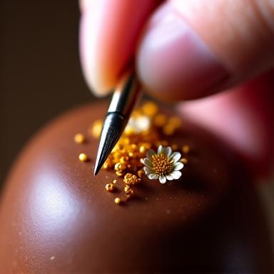 초콜릿 위에 정교하게 장식하는 모습 (Delicately decorating a chocolate)