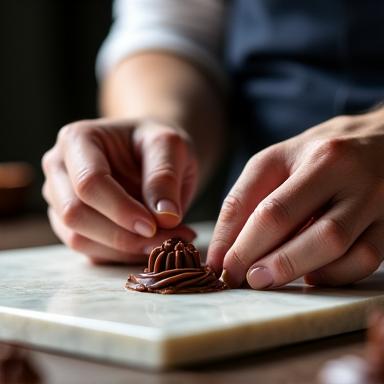 초콜릿을 템퍼링하는 장인의 손 (Artisan's hands tempering chocolate)