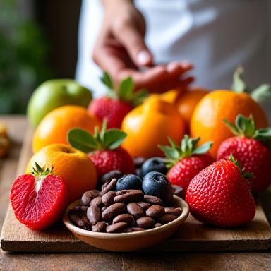 신선한 과일과 카카오 빈 (Fresh fruits and cacao beans)